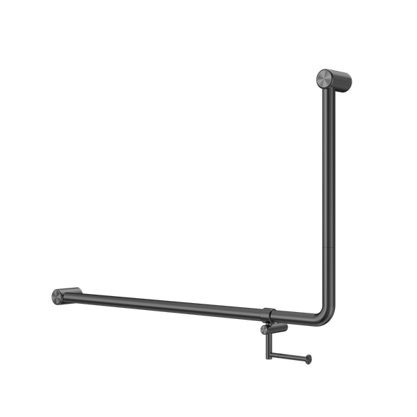 MECCA CARE 32MM DDA ACCESSIBLE TOILET 90 DEGREE BENT TUBE GRAB RAIL 600X1000MM WITH TOILET ROLL HOLDER GUN METAL