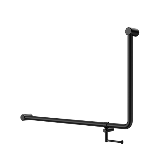 MECCA CARE 32MM DDA ACCESSIBLE TOILET 90 DEGREE BENT TUBE GRAB RAIL 600X1000MM WITH TOILET ROLL HOLDER MATTE BLACK