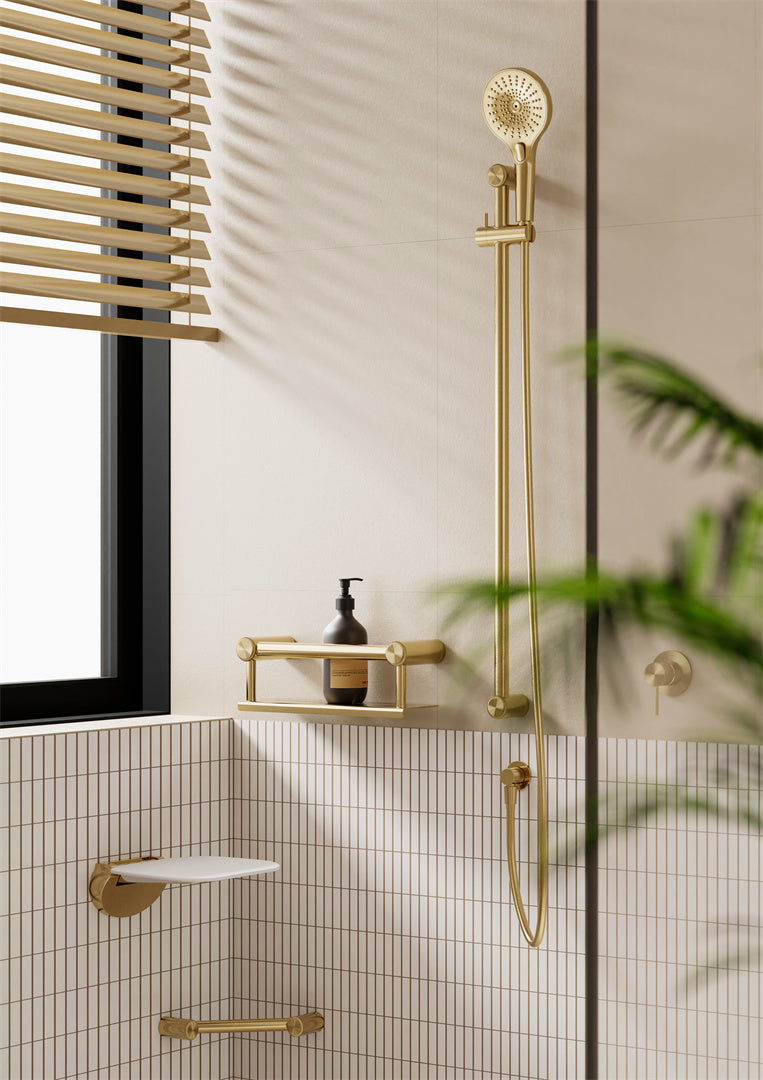 MECCA CARE 25MM GRAB RAIL WITH SHELF 300/450MM BRUSHED GOLD