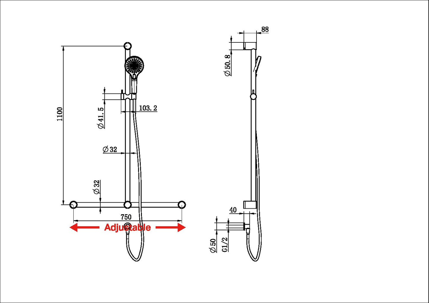 MECCA CARE 32MM T BAR GRAB RAIL AND ADJUSTABLE SHOWER SET 1100X750MM BRUSHED GOLD