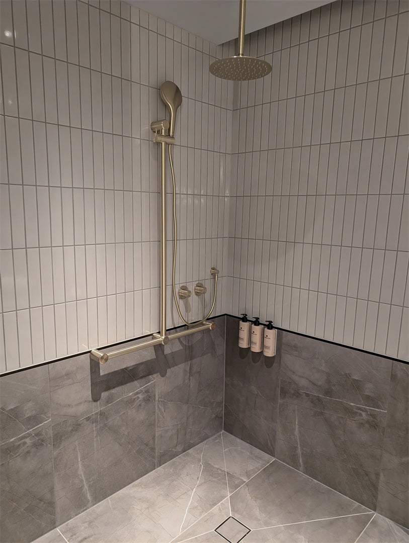 MECCA CARE 32MM T BAR GRAB RAIL AND ADJUSTABLE SHOWER SET 1100X750MM BRUSHED GOLD