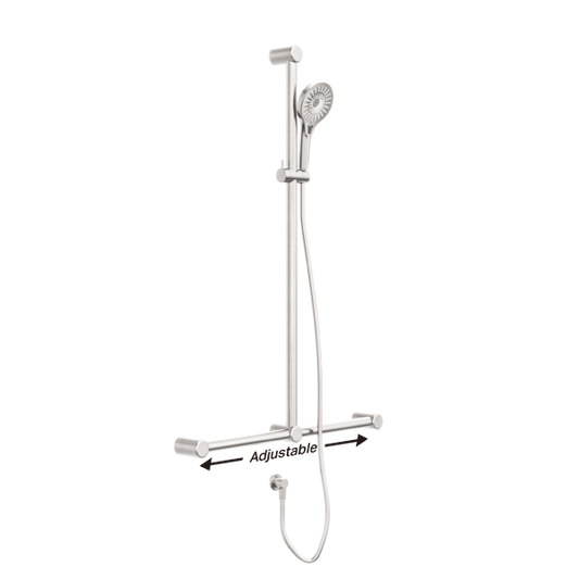 MECCA CARE 32MM T BAR GRAB RAIL AND ADJUSTABLE SHOWER SET 1100X750MM BRUSHED NICKEL