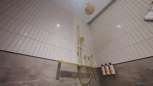 MECCA CARE 32MM T BAR GRAB RAIL AND ADJUSTABLE SHOWER SET 1100X750MM BRUSHED GOLD
