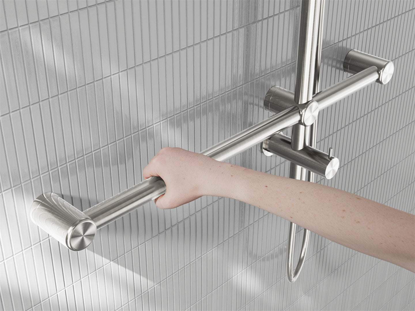 MECCA CARE 32MM T BAR GRAB RAIL 1100X750MM TWIN SHOWER SET BRUSHED NICKEL