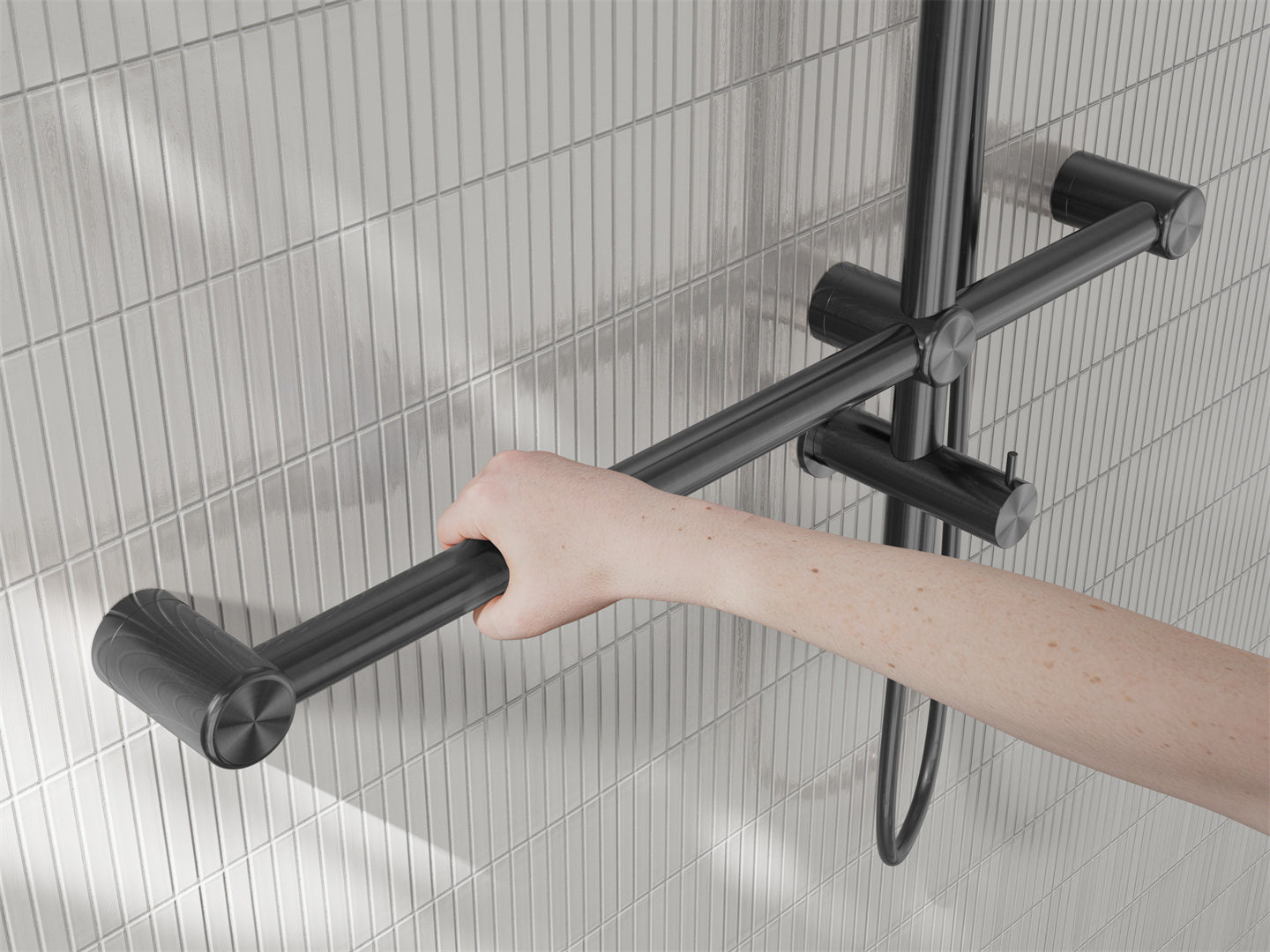 MECCA CARE 32MM T BAR GRAB RAIL 1100X750MM TWIN SHOWER SET GUN METAL