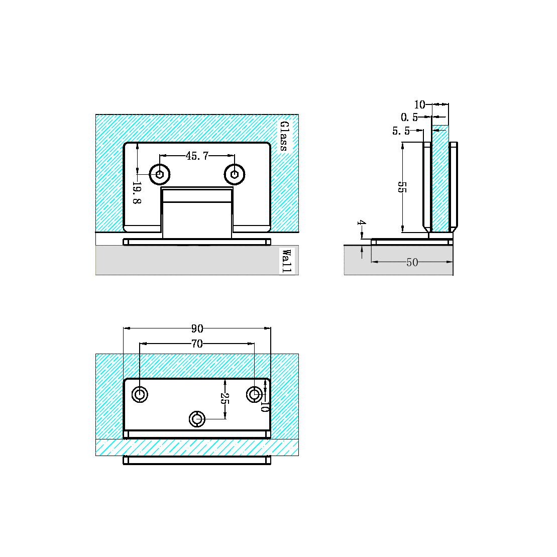 90 DEGREE GLASS TO WALL SHOWER HINGE 10MM GLASS BRUSHED NICKEL
