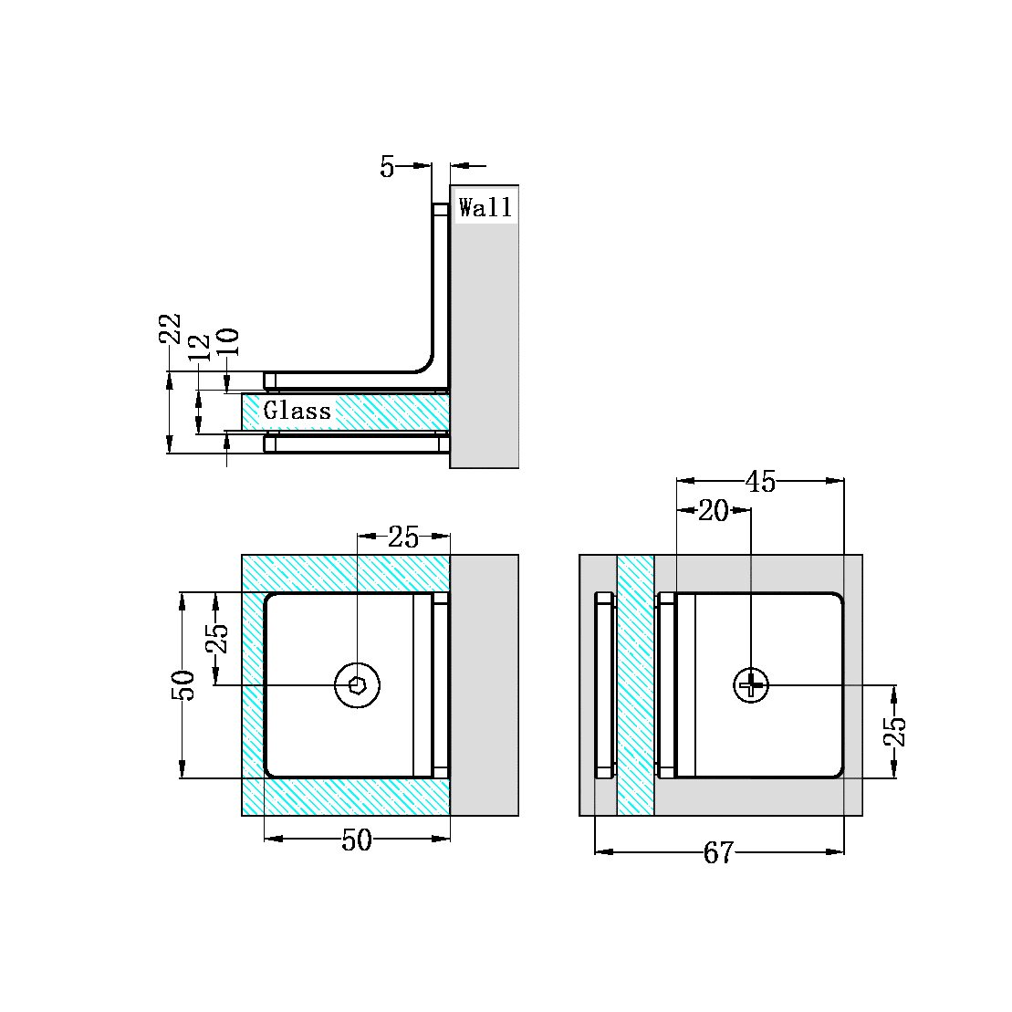 90 DEGREE GLASS TO WALL BRACKET 10MM GLASS BRUSHED NICKEL