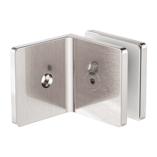 90 DEGREE GLASS TO WALL BRACKET 10MM GLASS BRUSHED NICKEL