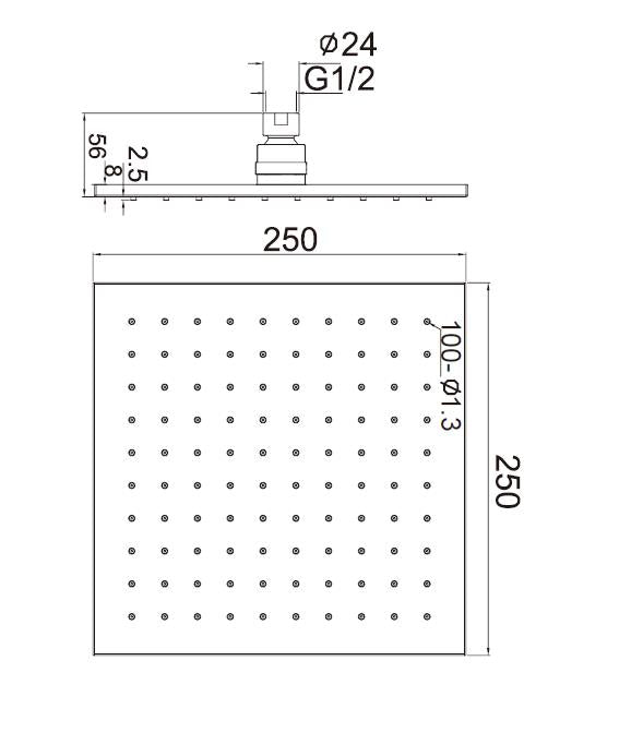 250MM SQUARE SHOWER HEAD BRUSHED GOLD