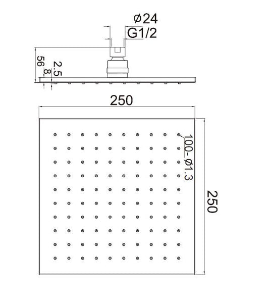 250MM SQUARE SHOWER HEAD BRUSHED GOLD