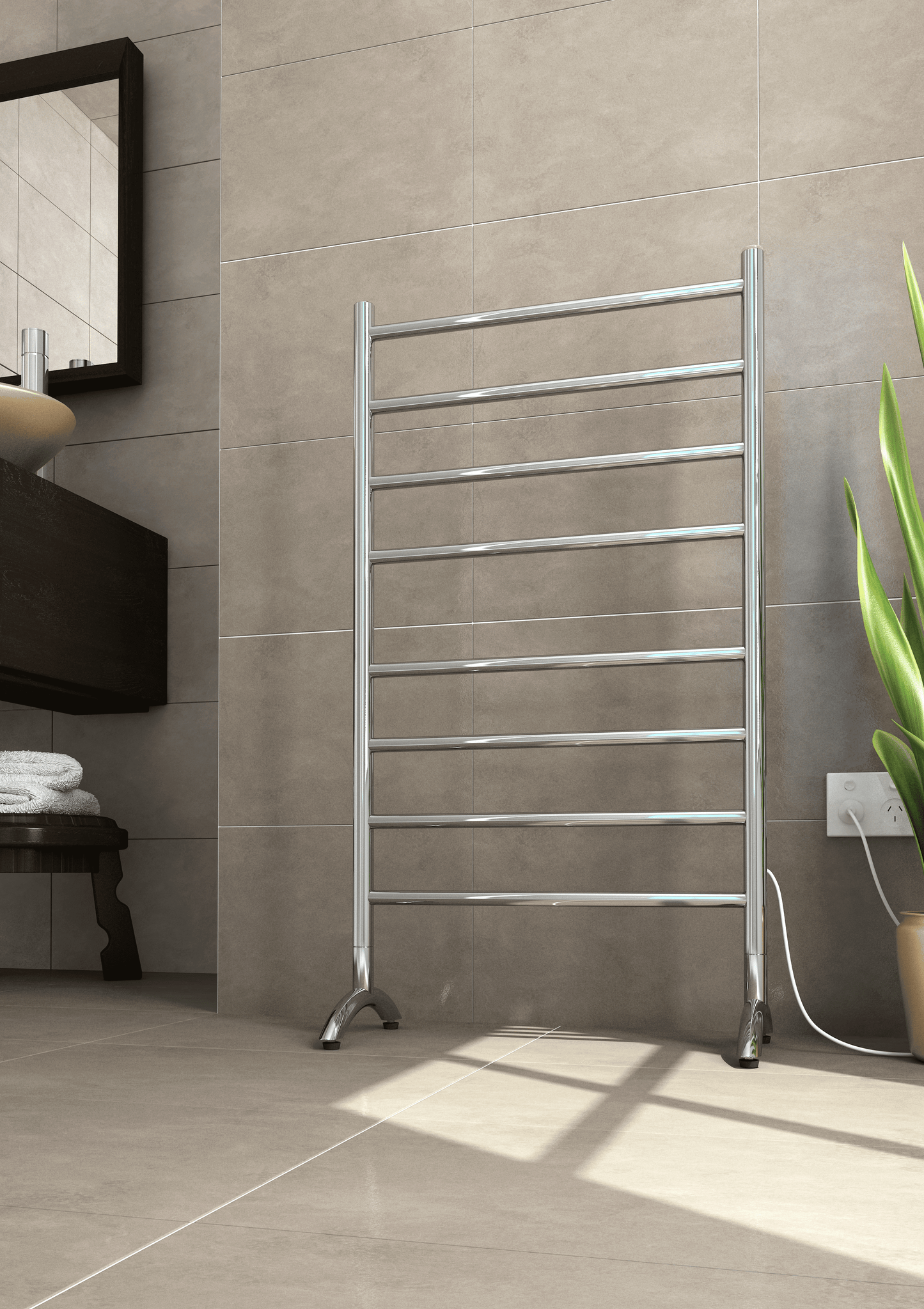 FS66E Straight Round Free Standing Polished Heated Towel Rail