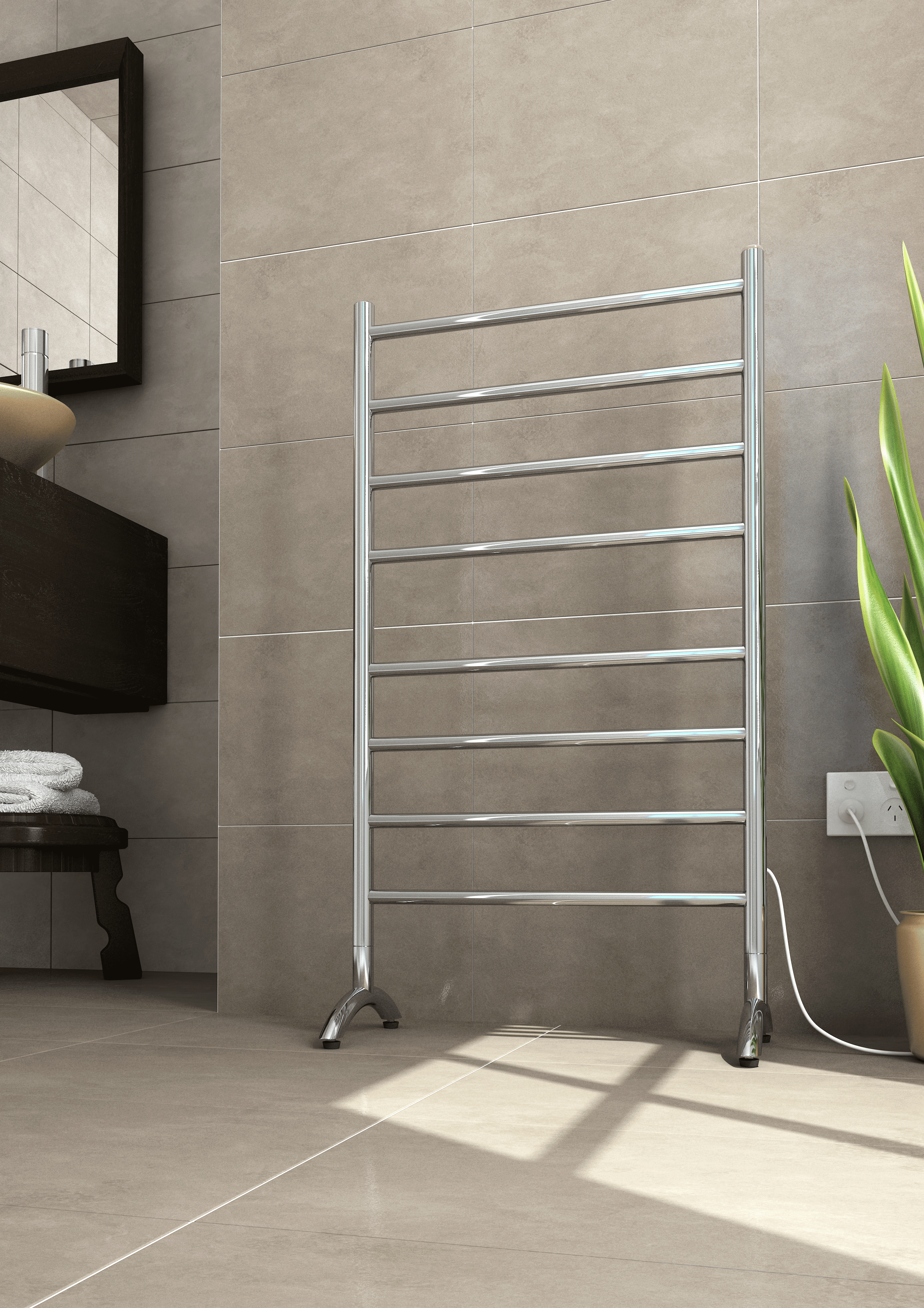 FS66E Straight Round Free Standing Polished Heated Towel Rail