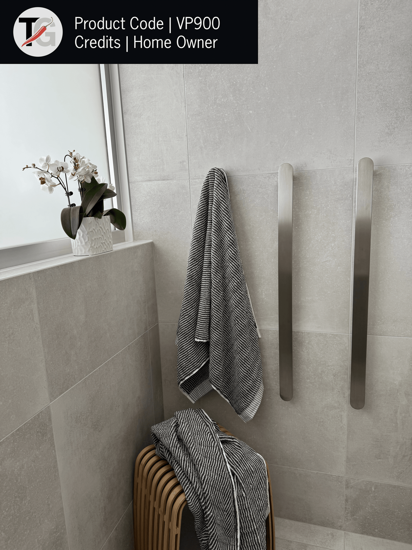 VP900 Flat Pill 12V Vertical Single Polished Heated Towel Rail