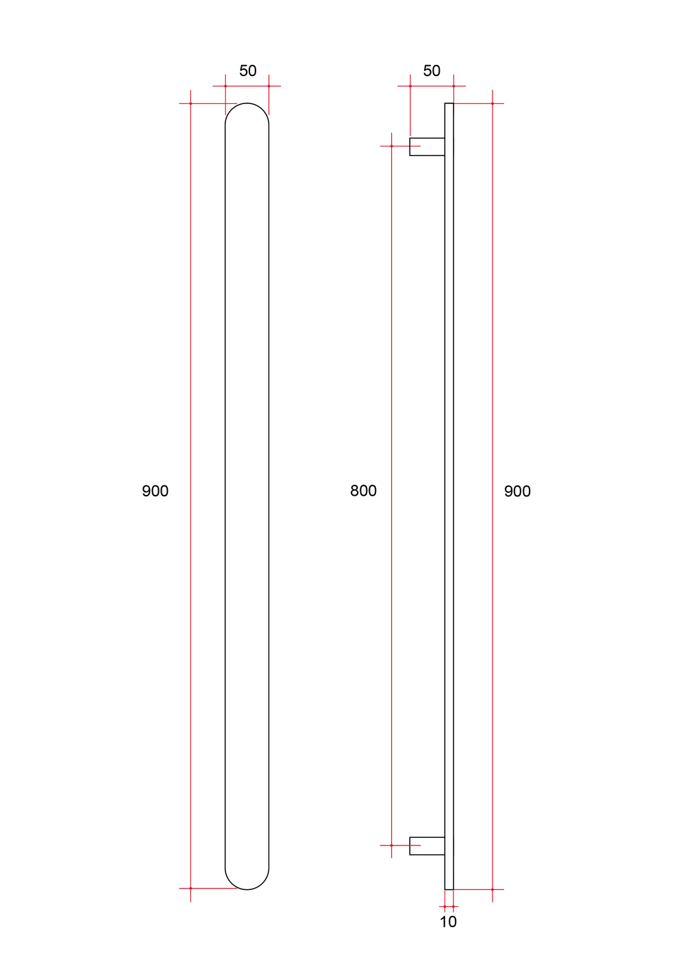 VP900 Flat Pill 12V Vertical Single Polished Heated Towel Rail