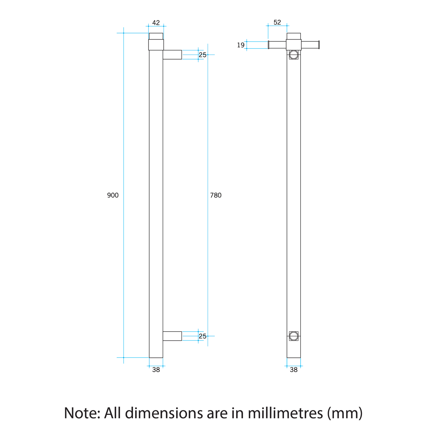 UVS900HBR Brushed Round Non-Heated Vertical Single Towel Rail
