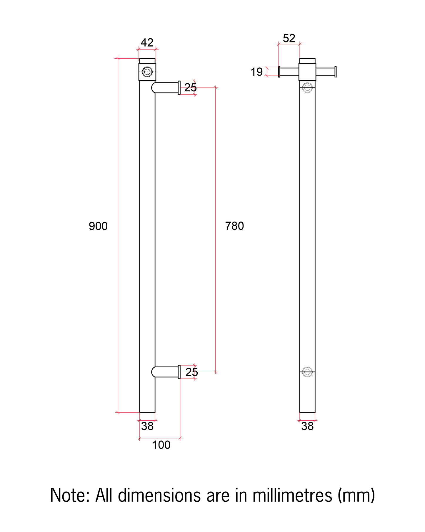 VS900H Straight Round Vertical Single Polished Heated Towel Rail