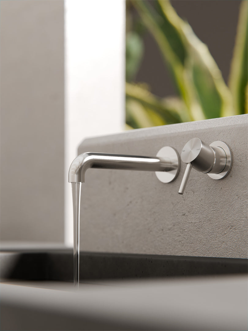 ZEN SS316L WALL BASIN/BATH MIXER SEPARATE BACK PLATE 185/230MM SPOUT BRUSHED NICKEL