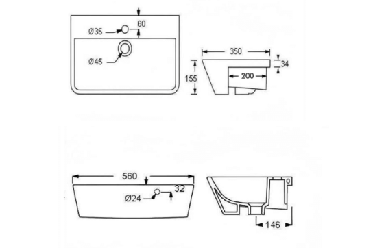 Agres 56 x 35 Semi-Recessed Basin