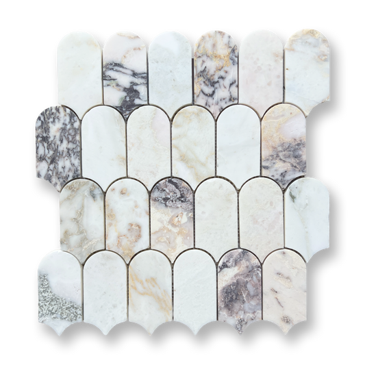 Avalon Viola Oro Natural Stone Arch Mosaic Tile — White, Marble, Stone