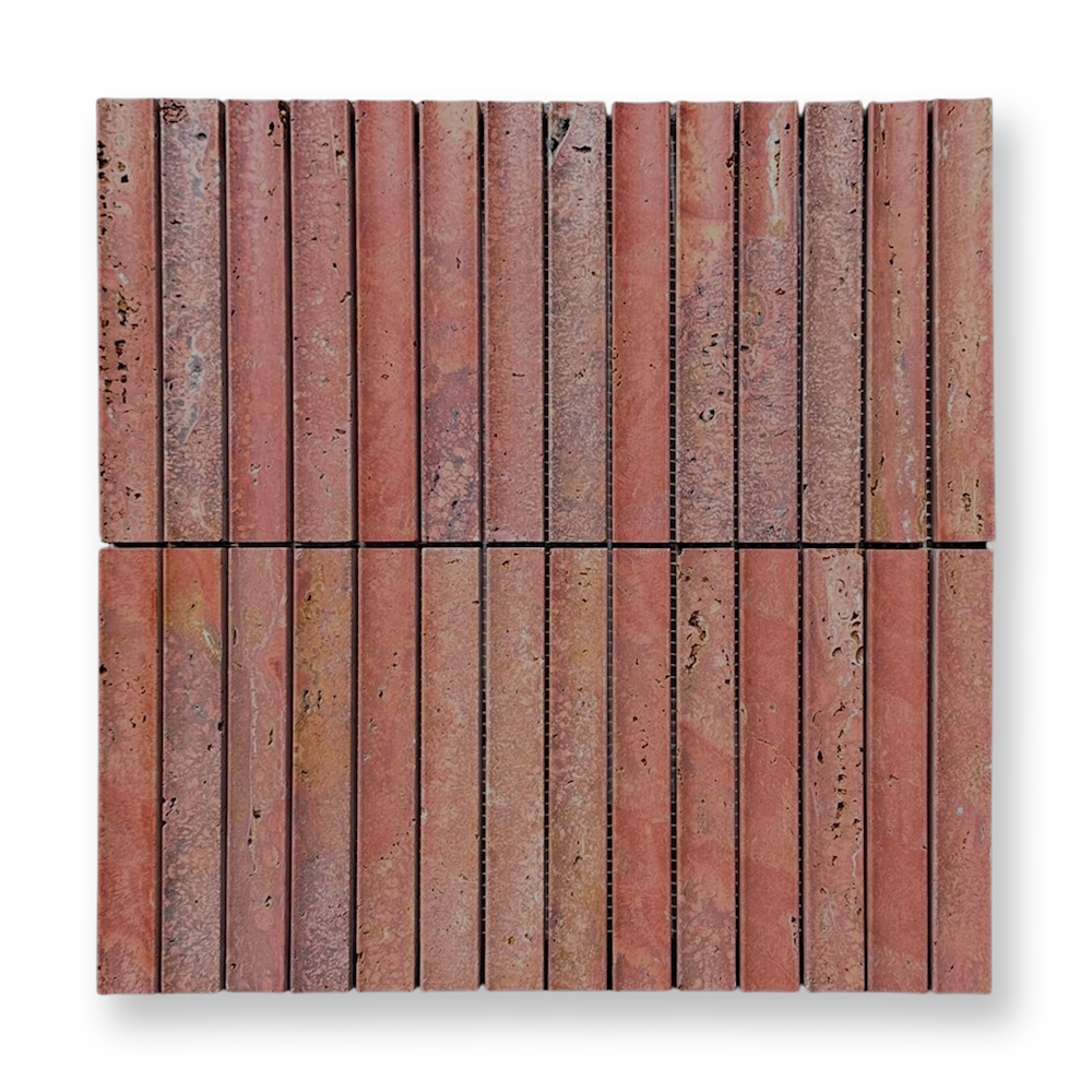 Bronte Rosa Travertine Natural Stone Concave Flute Mosaic Tile — Red, Travertine, Stone