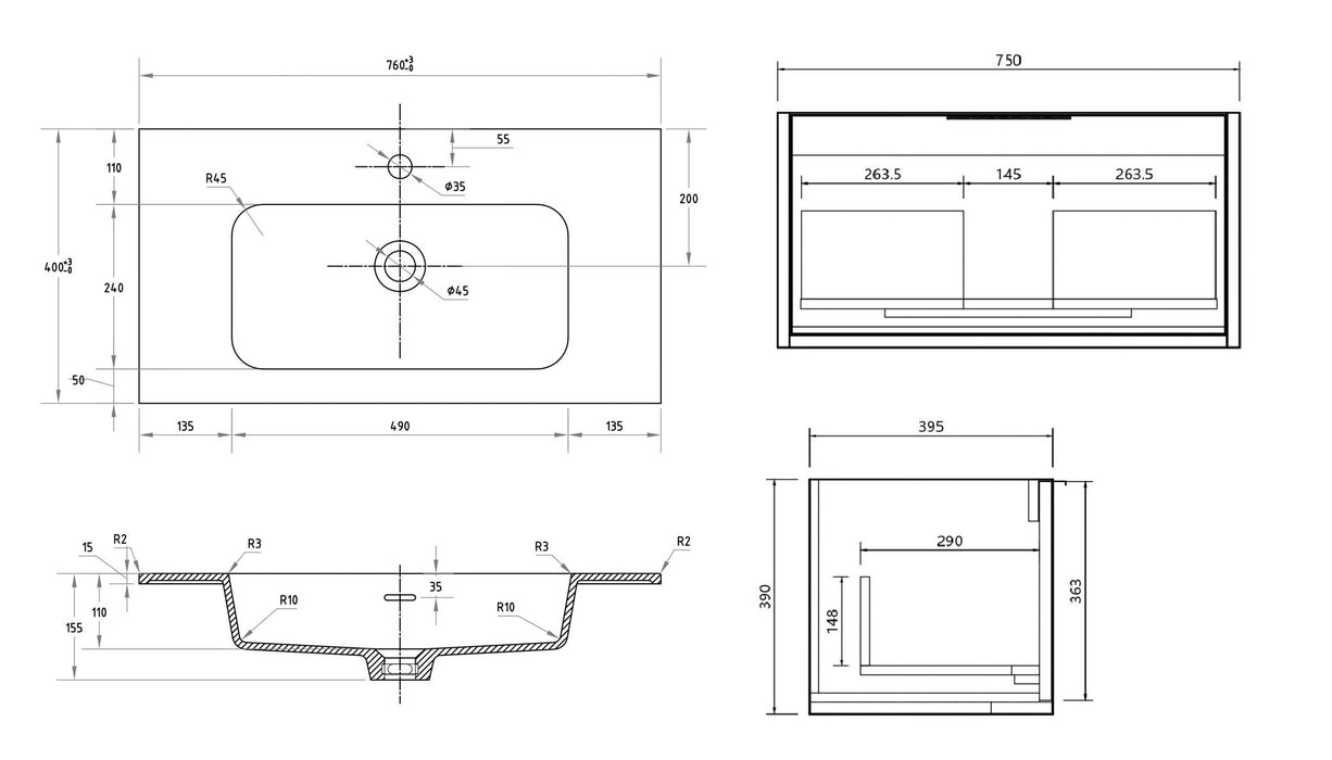 Capture Ensuite 750mm Wall Hung Vanity