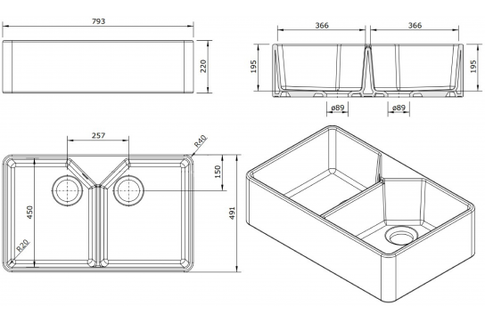 Chester 80 x 50 Double Flat Front Fine Fireclay Farmhouse Butler Sink