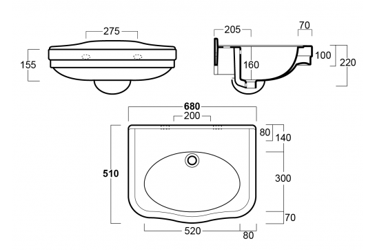 Claremont 68 x 51 Wall Hung Basin Without Taphole