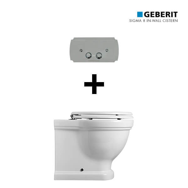 Package - Claremont Floor Mounted Pan & Seat + Geberit In-wall Cistern + Traditional Flush Plate