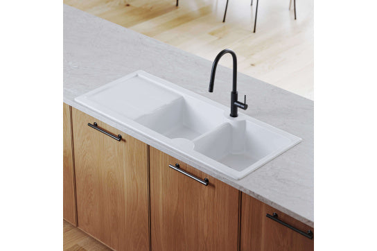 Cuisine 116 x 50 Inset / Undermount Fine Fireclay Gloss White Sink - Double Bowl and Single Drainer