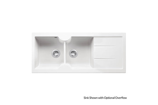 Cuisine 116 x 50 Inset / Undermount Fine Fireclay Gloss White Sink - Double Bowl and Single Drainer