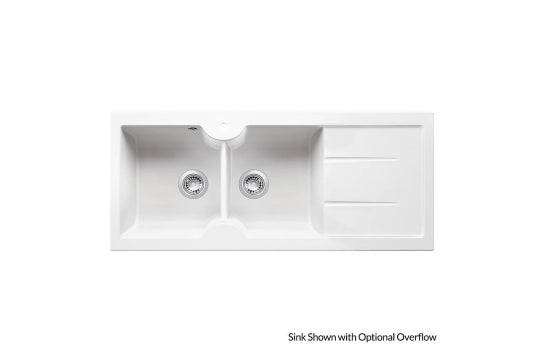 Cuisine 116 x 50 Inset / Undermount Fine Fireclay Gloss White Sink - Double Bowl and Single Drainer