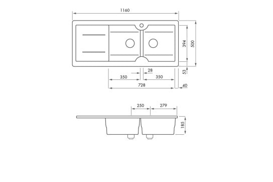 Cuisine 116 x 50 Inset / Undermount Fine Fireclay Gloss White Sink - Double Bowl and Single Drainer