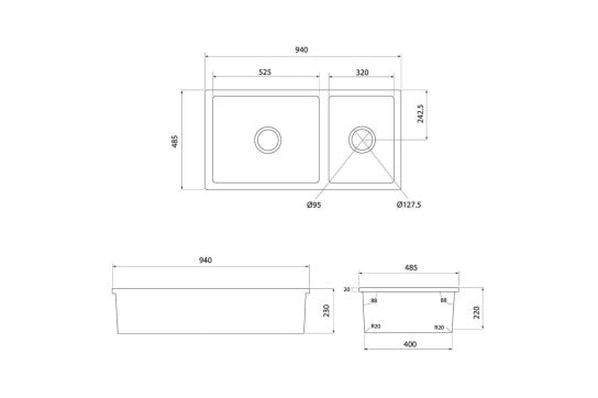 Cuisine 93 x 48 One and a Half Bowl Inset / Undermount Fine Fireclay Gloss White Sink