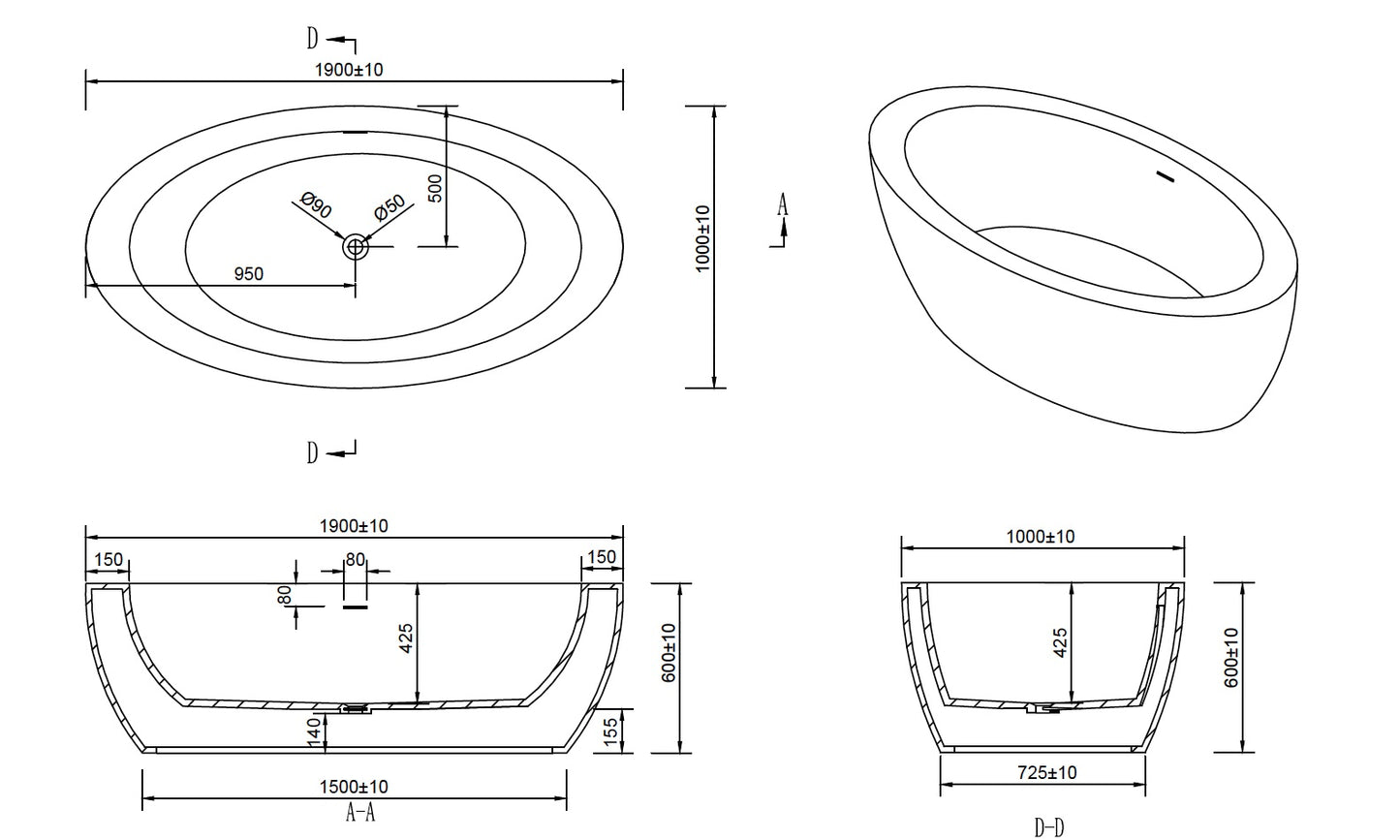 Elizabeth VX44-1900 Freestanding Stone Bath with Overflow