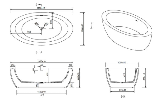 Elizabeth VX44-1900 Freestanding Stone Bath with Overflow