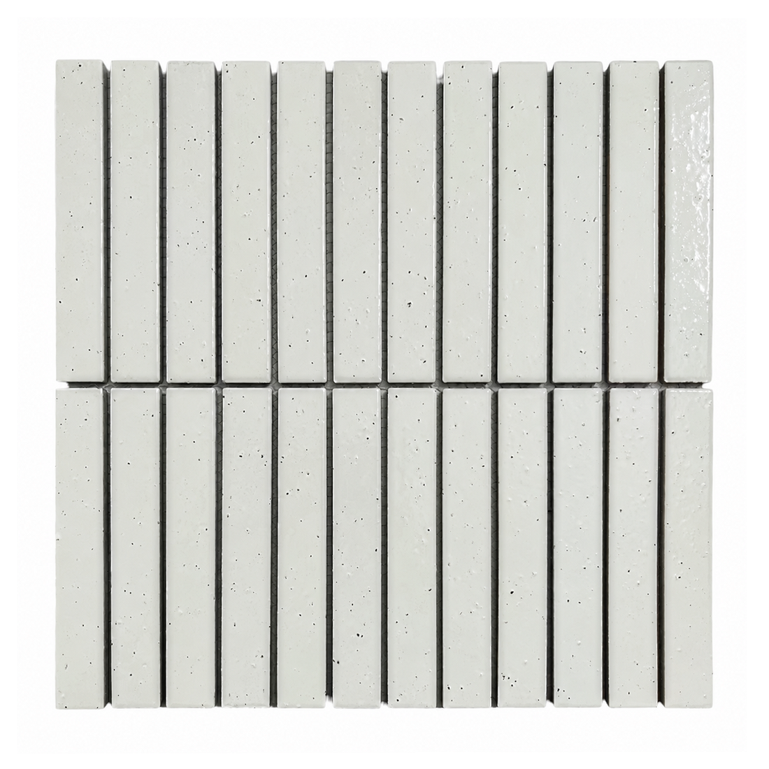 Kisarazu Speckled White Japanese Look Kit Kat Mosaic Tile, front view of complete sheet