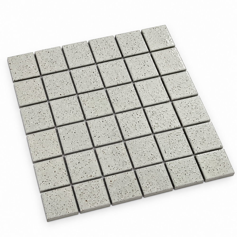 Kurashiki Glossy Light Grey Japanese Look Square Mosaic Tile, angled sheet visualisation