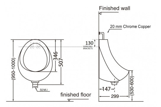 Leon Ceramic Urinal - Top Inlet Bottom Outlet