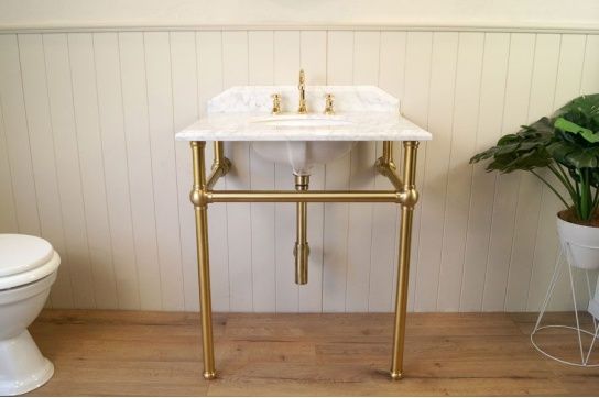 Mayer Basin Stand With 75 x 55 Real Carrara Marble Top - Brushed Brass