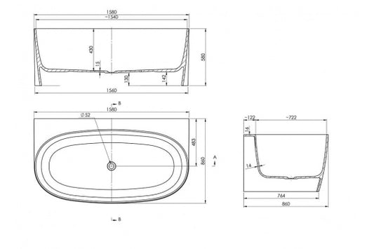 Narva 158 x 86 MagnaCast Back To Wall Bath - Gloss White