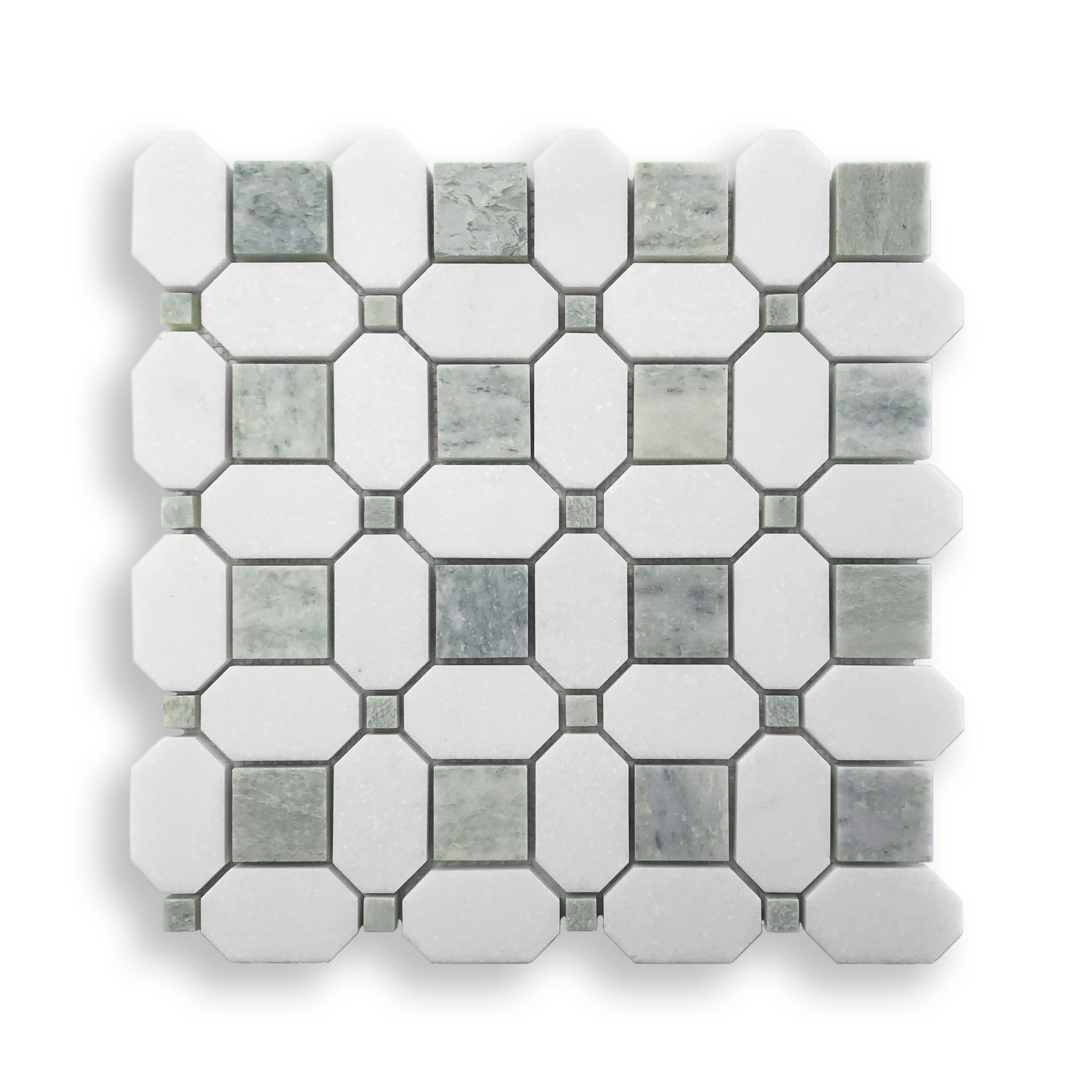 Pambula Verdi Cristallo and Thassos Natural Stone Octagon Mosaic Tile — Green and White, Stone