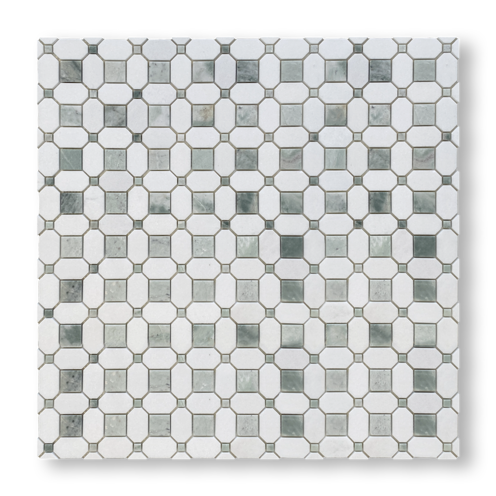 Pambula Verdi Cristallo and Thassos Natural Stone Octagon Mosaic Tile — Green and White, Stone