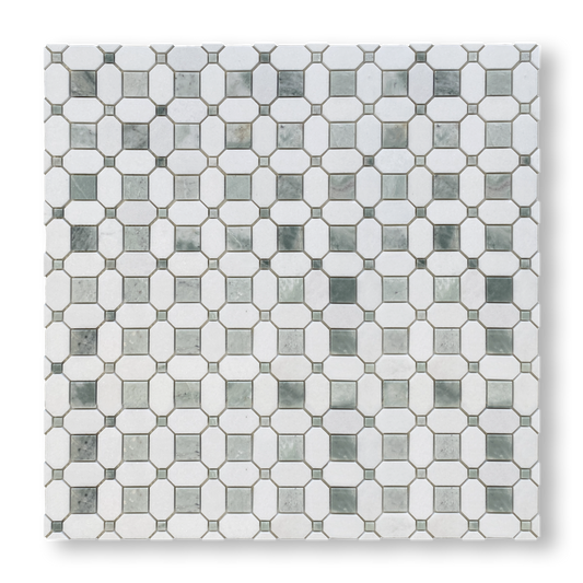 Pambula Verdi Cristallo and Thassos Natural Stone Octagon Mosaic Tile — Green and White, Stone