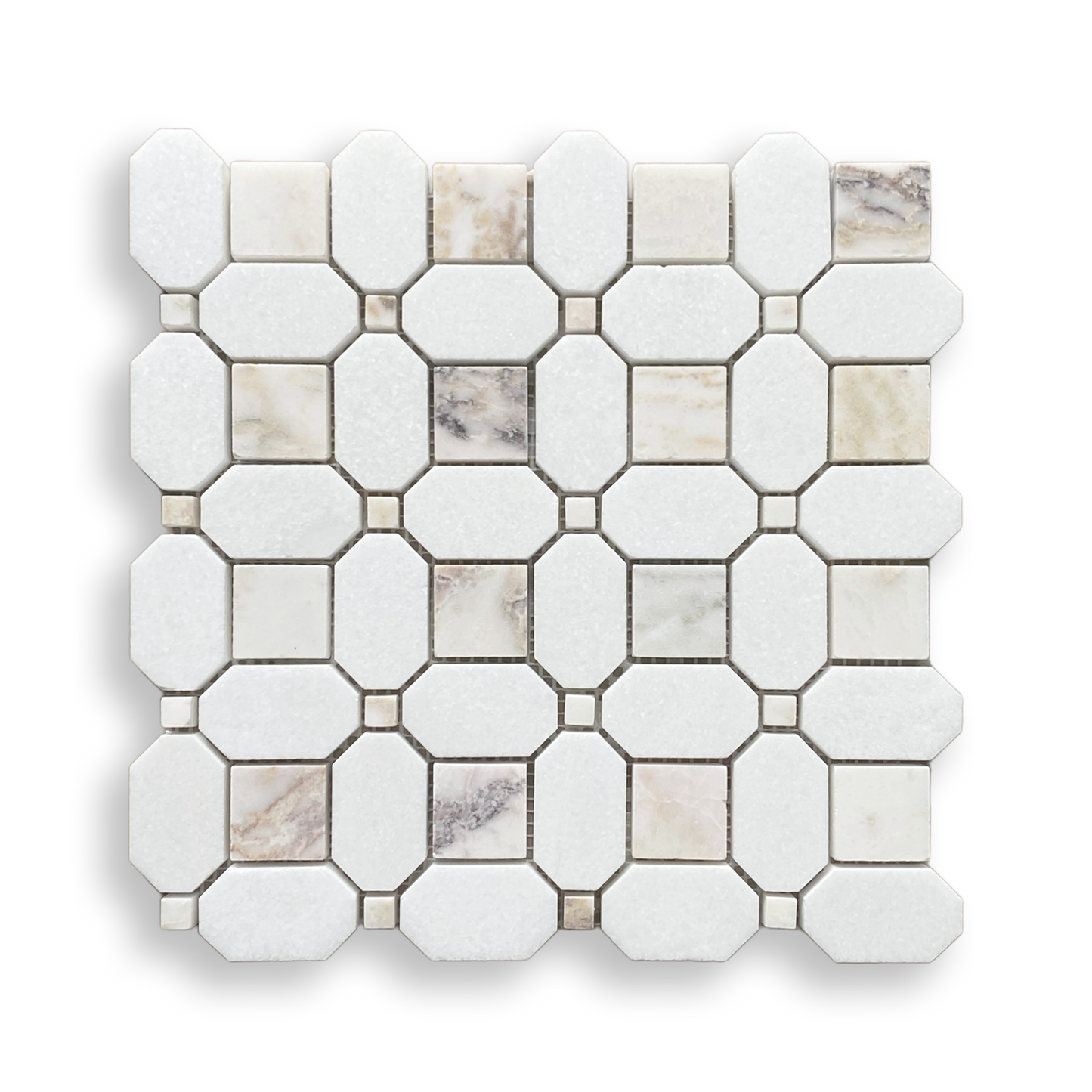 Pambula Viola Oro and Thassos Mix Marble Octagon Mosaic Tile — White, Marble, Stone
