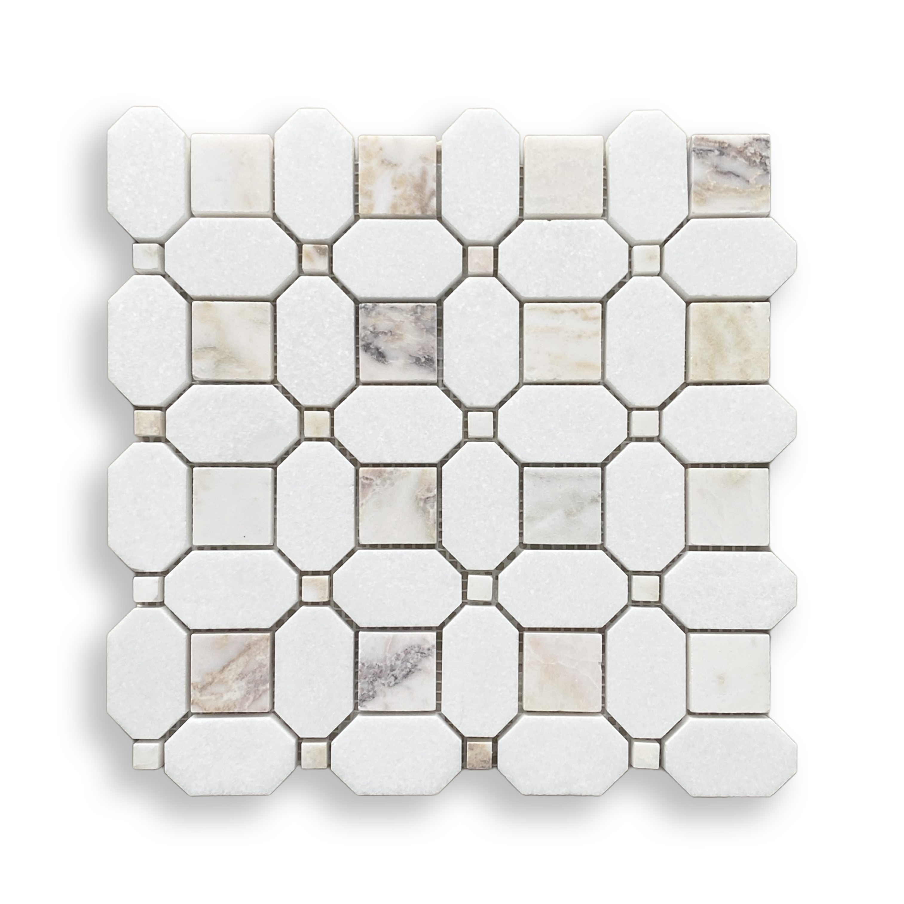 Pambula Viola Oro and Thassos Mix Marble Octagon Mosaic Tile — White, Marble, Stone