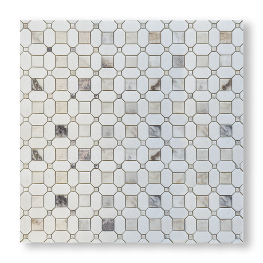 Pambula Viola Oro and Thassos Mix Marble Octagon Mosaic Tile — White, Marble, Stone