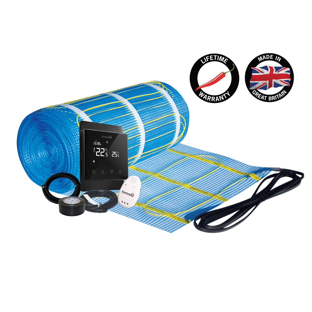 Thermonet 200W/m² In Screed and Bathroom Heating Kit with Black Thermostat — 2.5m² 500Watts Floor Heating Kit Including Black 5226A Thermostat