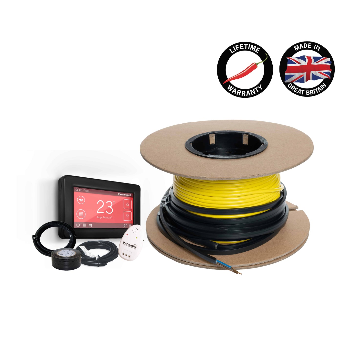 Thermowire Underfloor Heating System Kits Including Black Dual Thermostat — 9.0-10.9m² 110lm 1500Watts Kit Including Black 5246 Dual Thermostat