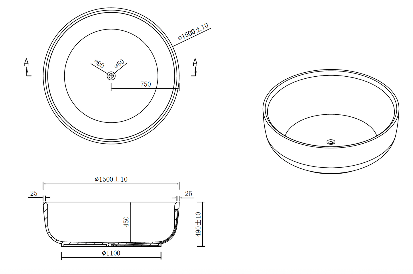 Aylin VX22 1500 Round Freestanding Stone Bath