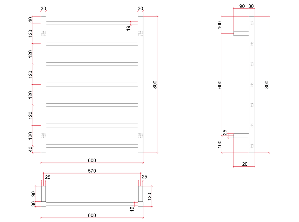 SSB44M Brushed Straight Square Ladder Heated Towel Rail